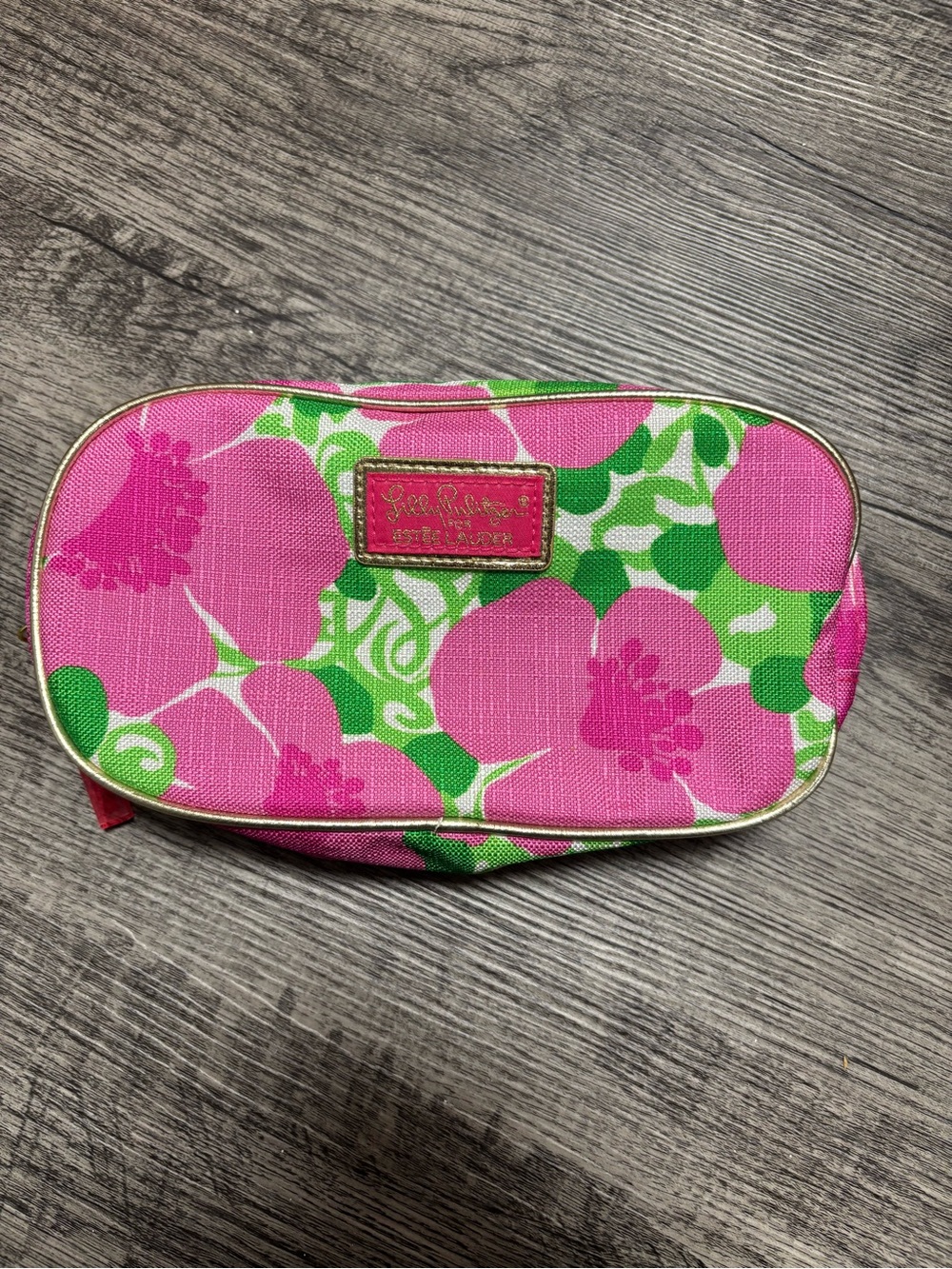 Lilly Pulitzer Pink and Green Floral Canvas Cosmetic Bag with Gold Trim
